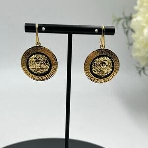 Bellezza‎ Signed Gold Plated Lions Head Black Enamel Drop Dangle Earrings